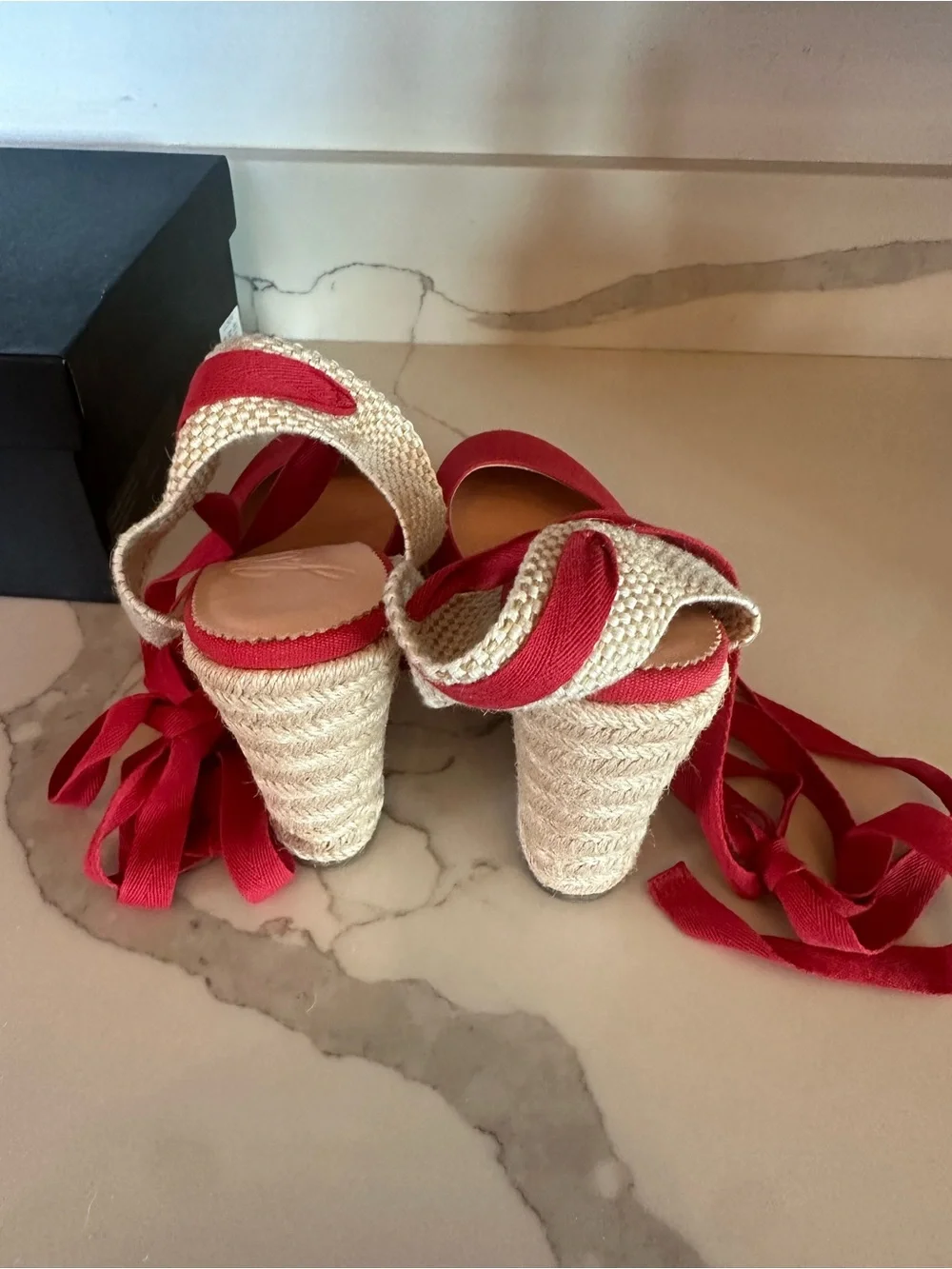 J Crew Canvas Red High Heel Espadrille Heels with Wrap Tie, Sz 8, retailed $158
